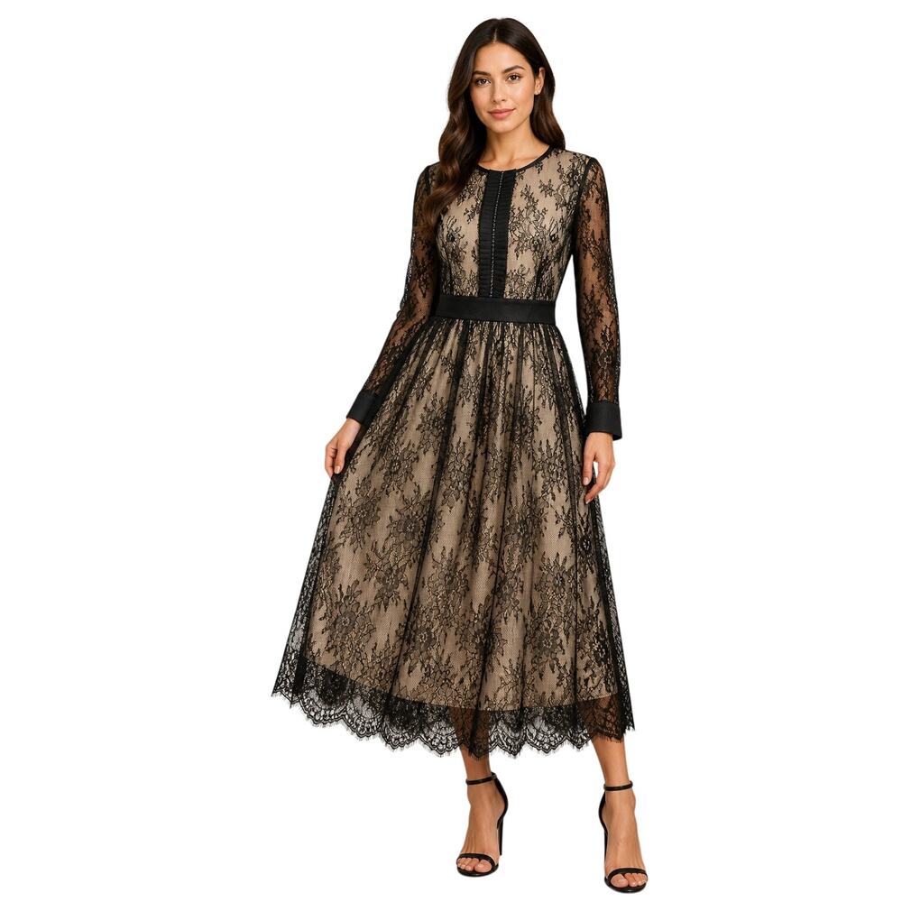 Women's Black Lace Overlay Midi Dress